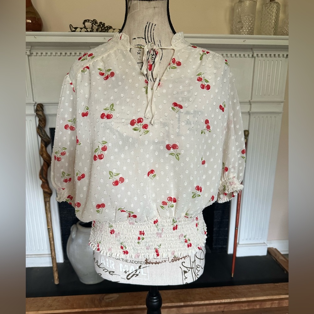 Joie Cherry Print Swiss Dot Peasant Blouse L Sheer Smocked Waist Cottage Flirty - Picture 14 of 16